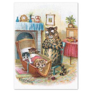 Vintage Funny Cat & Kittens In Cradle Decoupage Tissue Paper