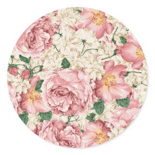 Vintage Garden Roses and Hydrangeas Floral Pattern Classic Round Sticker