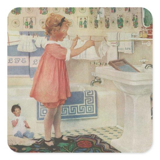 Vintage Girl, Child Doing Laundry Hanging Clothes Square Sticker