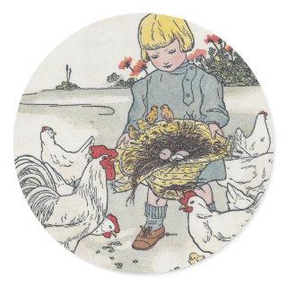 Vintage Girl With Chickens, E is an Egg Classic Round Sticker