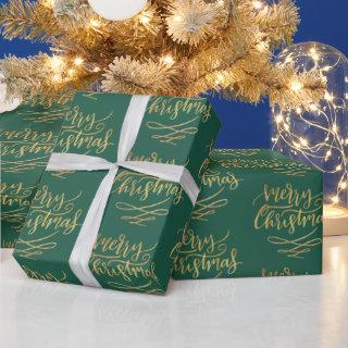 Vintage Gold Merry Christmas Calligraphy Green
