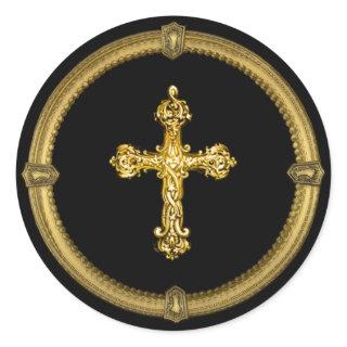 Vintage Gold Tone Cross and Deco Keyhole Frame Classic Round Sticker