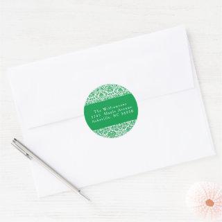 Vintage Green Damask Festive Return Address Classic Round Sticker