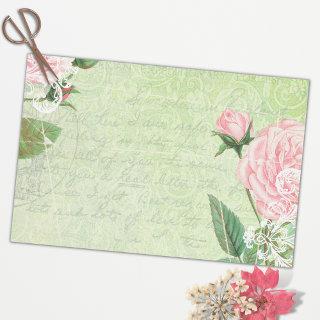 Vintage Green Pink Rose Old Letter Tissue Paper