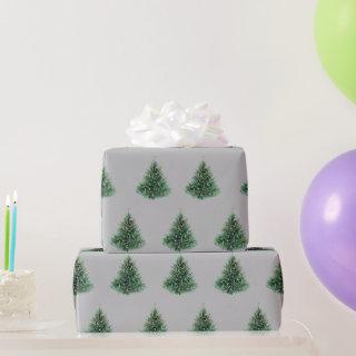 Vintage Grey Watercolor Christmas Green Pine Tree