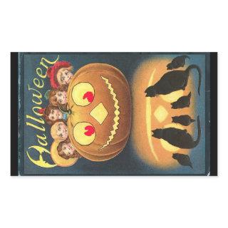 Vintage Halloween Children Hiding Behind Pumpkin Rectangular Sticker