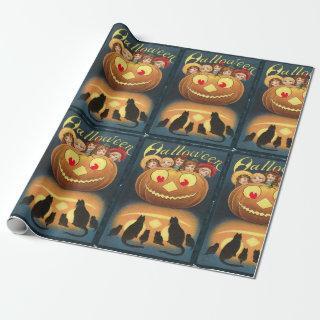 Vintage Halloween Children Hiding Behind Pumpkin