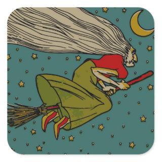 Vintage Halloween, Evil Witch Flying on Broomstick Square Sticker