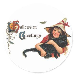 Vintage Halloween Greetings, Child Witch with Cat Classic Round Sticker