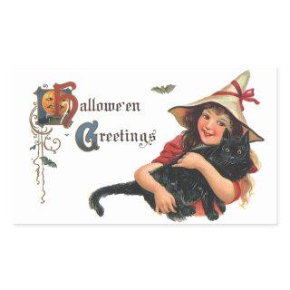 Vintage Halloween Greetings, Child Witch with Cat Rectangular Sticker