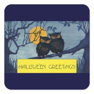 Vintage Halloween Greetings, Owls in Tree w Moon Square Sticker