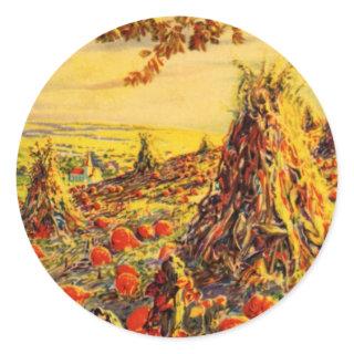 Vintage Halloween Pumpkin Patch with Haystacks Classic Round Sticker
