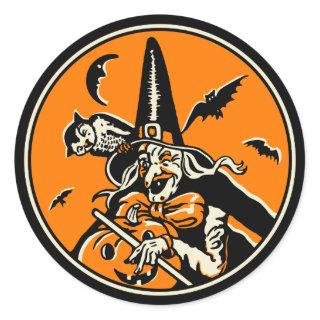 Vintage Halloween Witch and Jack O'Lantern Classic Round Sticker
