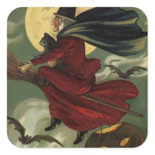 Vintage Halloween Witch Riding Broomstick with Cat Square Sticker