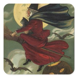 Vintage Halloween Witch Riding Broomstick with Cat Square Sticker