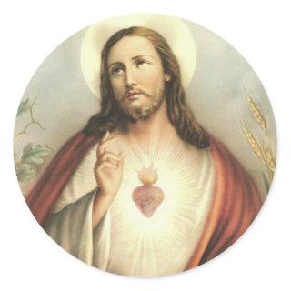 Vintage Heart of Jesus Thorns Blessing Flames Classic Round Sticker