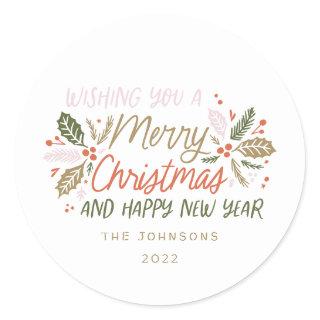 Vintage Holly Bright Typography Christmas Classic Round Sticker