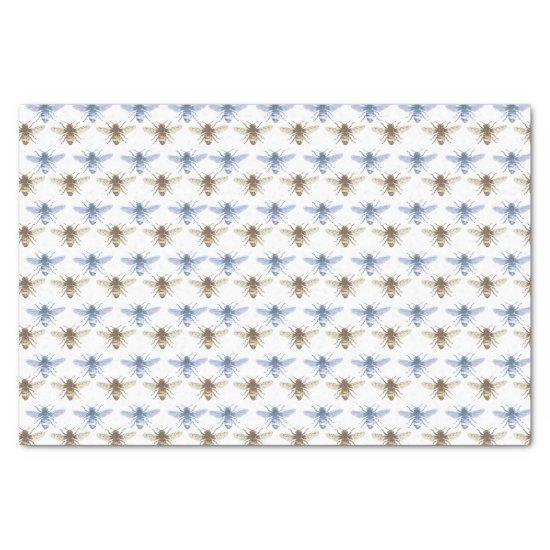 Vintage Honey Bee Blue and Gold Patterned  Tissue Paper