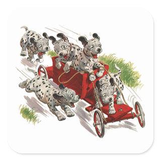 Vintage Humor Cute Dalmatian Puppy Dogs Fire Truck Square Sticker