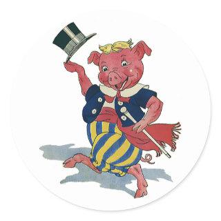 Vintage Humor, Cute Happy Dancing Pig Dances Classic Round Sticker