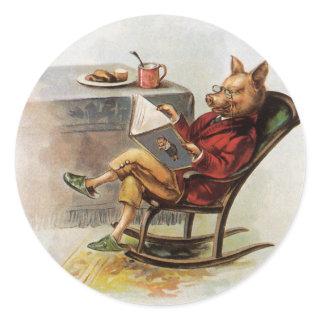 Vintage Humor, Pig in Rocking Chair Reading a Book Classic Round Sticker