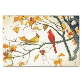 Vintage Japanese drawing, Cardinals on a branch Tissue Paper