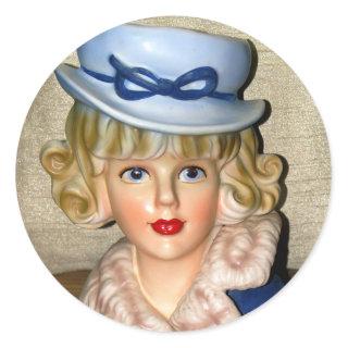 Vintage Lady Head Vase Blue Hat Fur Collar Classic Round Sticker