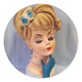 Vintage Lady Head Vase Blue Rose and Gloved Hand Classic Round Sticker