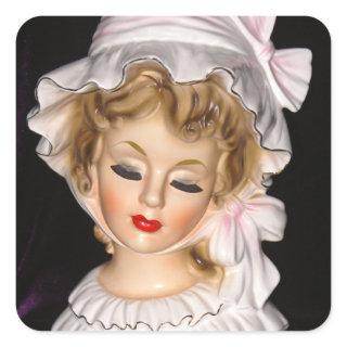 Vintage Lady Head Vase Pink Ruffled Bonnet Square Sticker