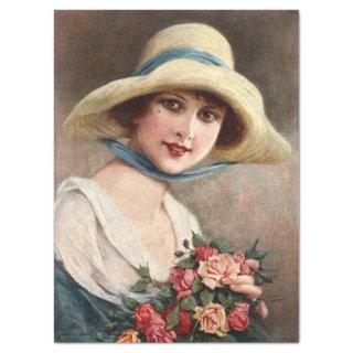 Vintage Lady With Bouquet Of Roses Decoupage Tissue Paper