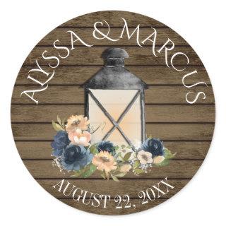 Vintage Lantern and Navy Blue Rustic Barn Wedding  Classic Round Sticker