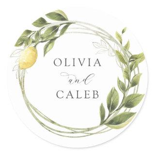Vintage Lemon and Greenery Wedding  Classic Round Sticker