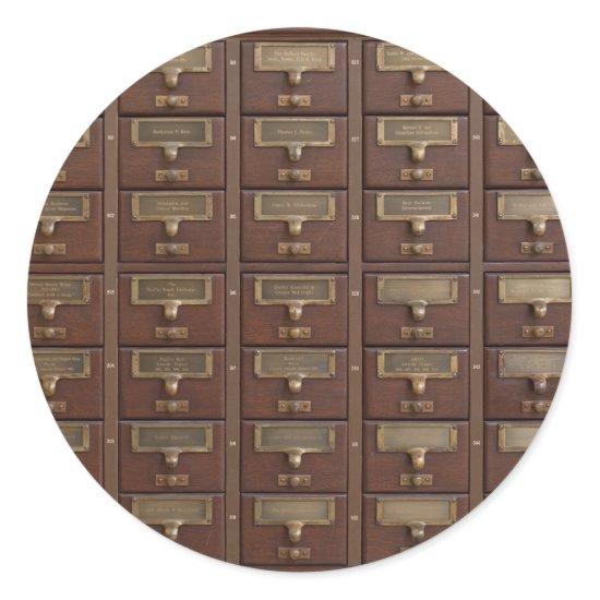 Vintage Library Card Catalog Drawers Classic Round Sticker