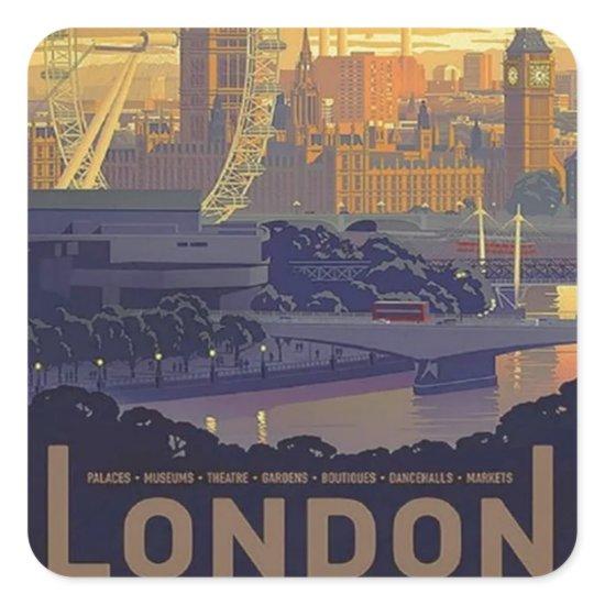 Vintage London Big Ben Parliament Thames River Square Sticker