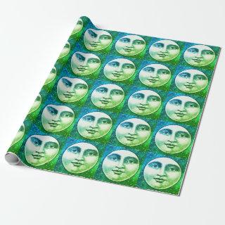 Vintage man in the moon full face teal blue star