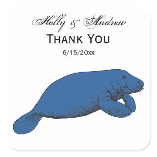 Vintage Manatee Drawing Blue Square Sticker