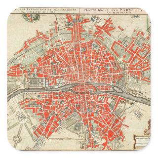 Vintage Map of Paris France (1721–1774) Square Sticker