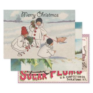 Vintage Merry Christmas Snow Children Holiday  Sheets