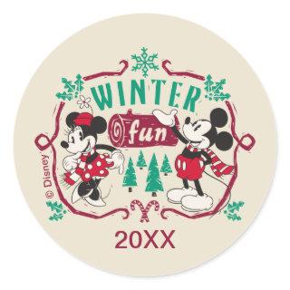 Vintage Mickey & Minnie | Winter Fun Classic Round Sticker