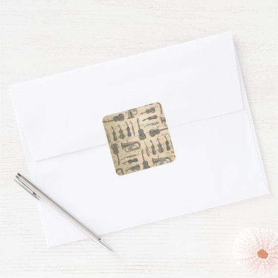 Vintage Music Note Pattern Guitar Violin Tuba   Square Sticker
