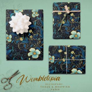 Vintage Navy Blue, Teal Bloom Elegant Decoupage   Sheets