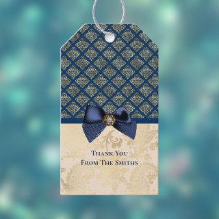 Vintage Navy Gold Damask Look Thank You with Name Gift Tags