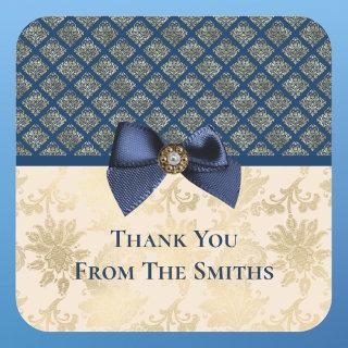Vintage Navy Gold Damask Look Thank You with Name Square Sticker