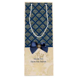 Vintage Navy Gold Damask Look Thank You with Name Wine Gift Bag