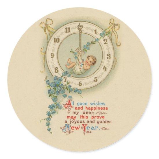 Vintage New Years Baby Clock Classic Round Sticker