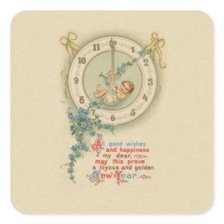 Vintage New Years Baby Clock Square Sticker