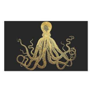 Vintage Octopus Gold Black Ink Coastal Nautical Rectangular Sticker