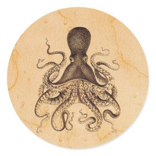 Vintage Octopus Illustration in Browns Classic Round Sticker