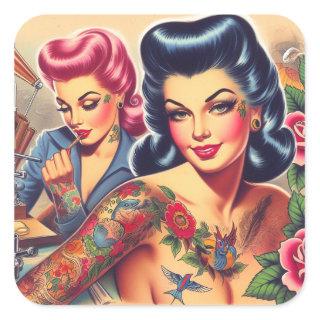 Vintage Old School Tattoo Girls Square Sticker