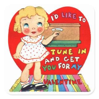 Vintage Old Valentine Little Girl with Radio Square Sticker